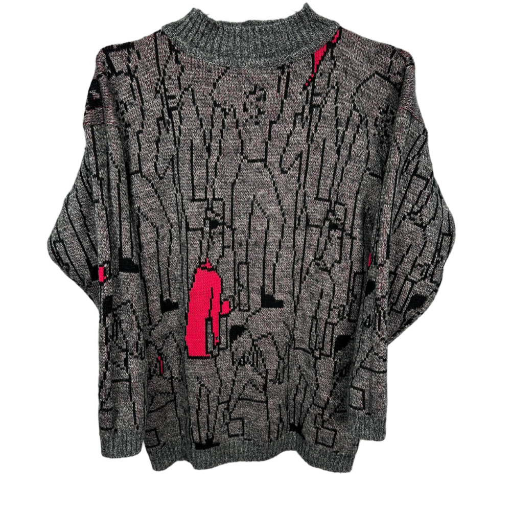 Vintage 90s‎ Abstract Art Grandpa Sweater Mock Neck Gray Medium